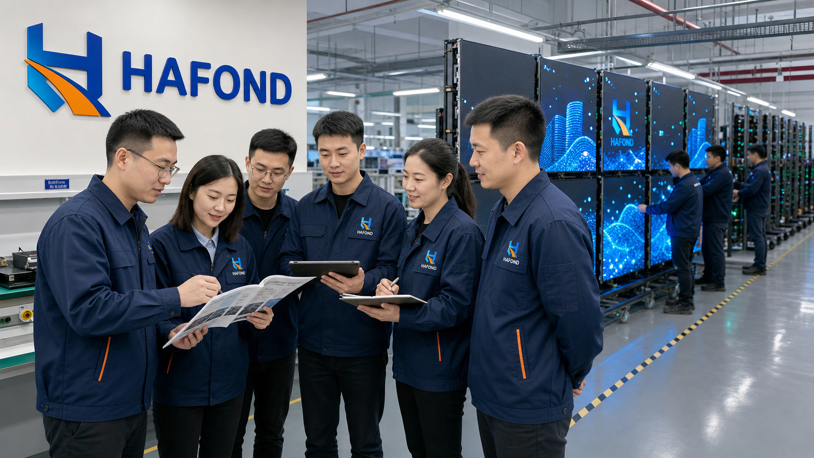 HAFOND sales and project support team with company logo in LED display factory